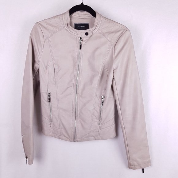 LE CHATEAU | Faux leather white moto jacket zippers size XS - Picture 1 of 8